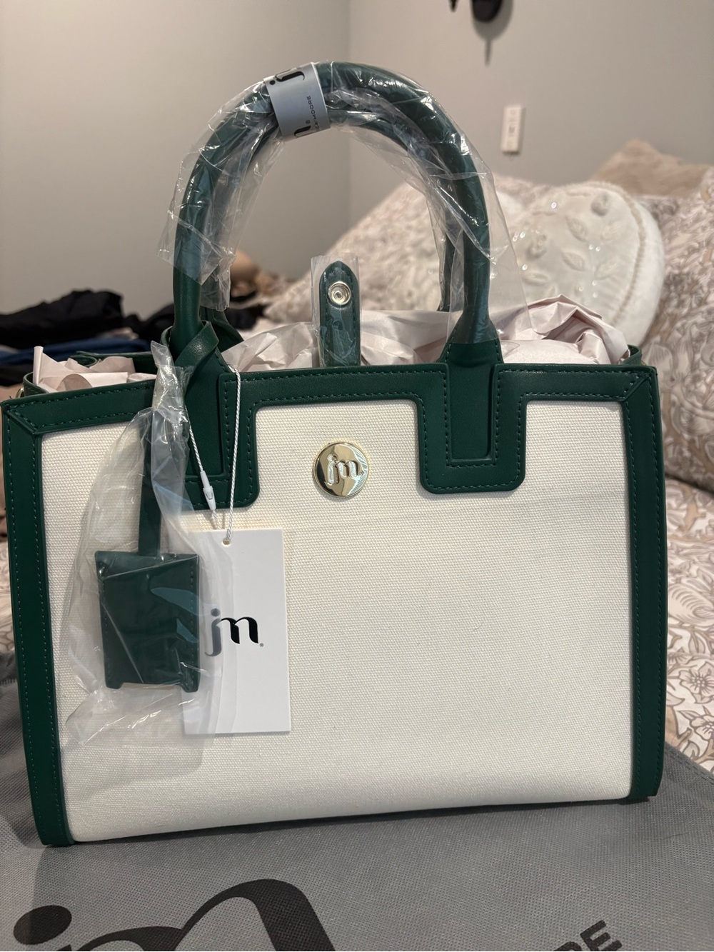 JM Two-Tone Canvas Tote in Cream and Green